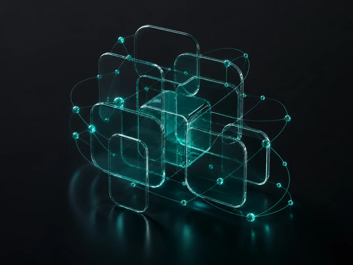 Translucent glass asset plates orbiting a central teal cube