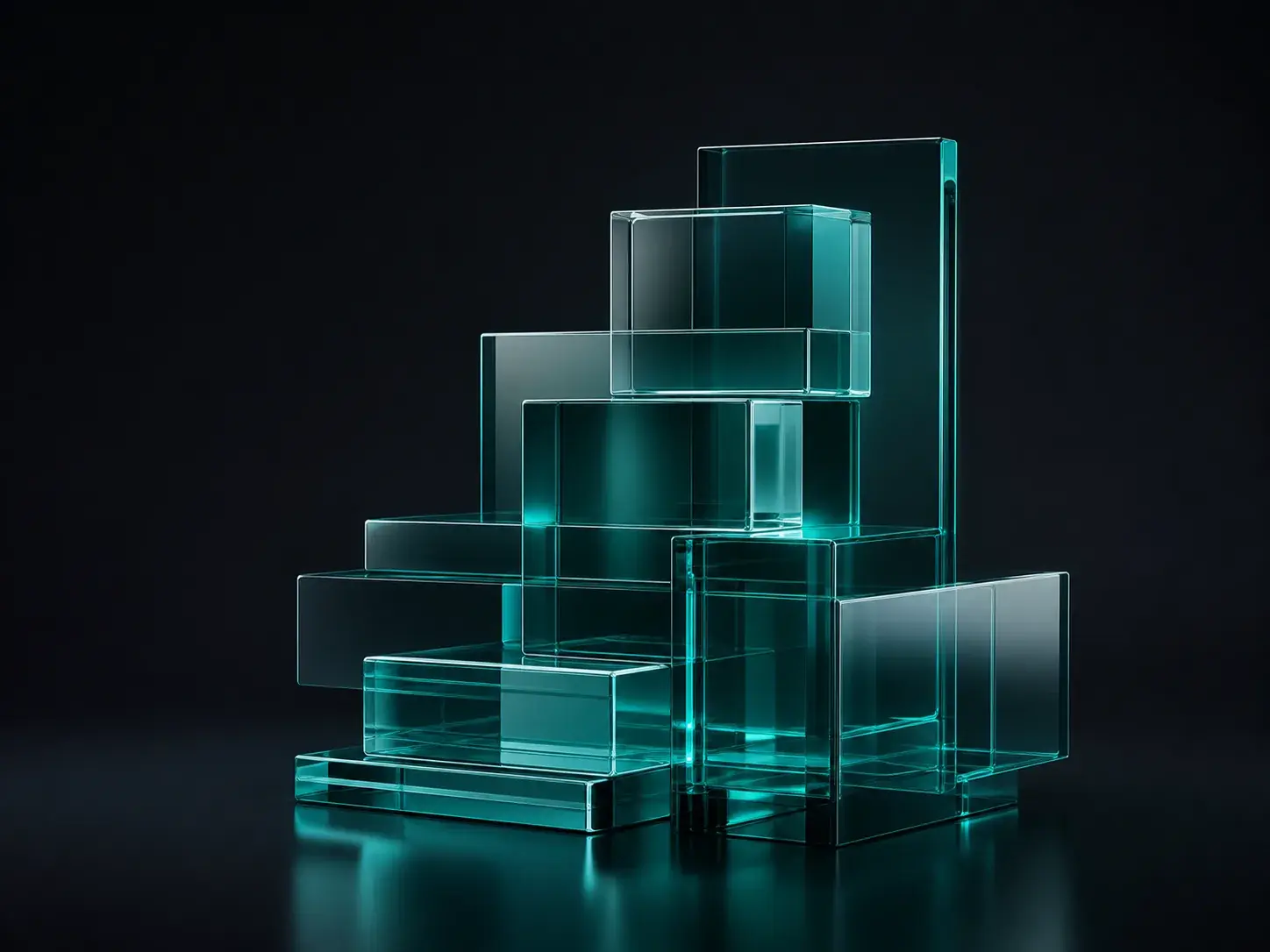 Interlocking translucent teal glass blocks forming a secure architectural stack