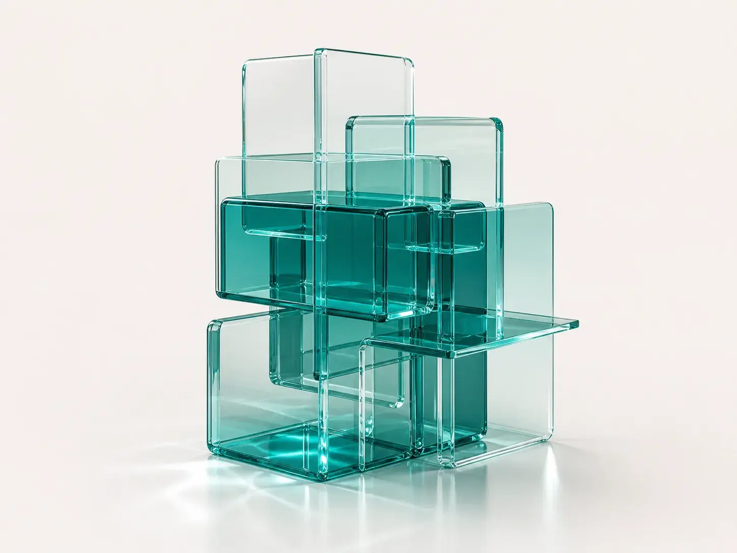 Interlocking translucent teal glass blocks forming a secure architectural stack