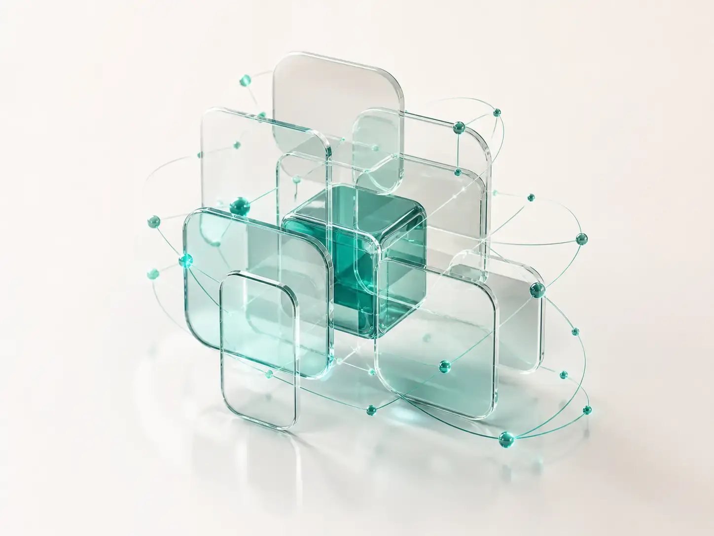 Translucent glass asset plates orbiting a central teal cube
